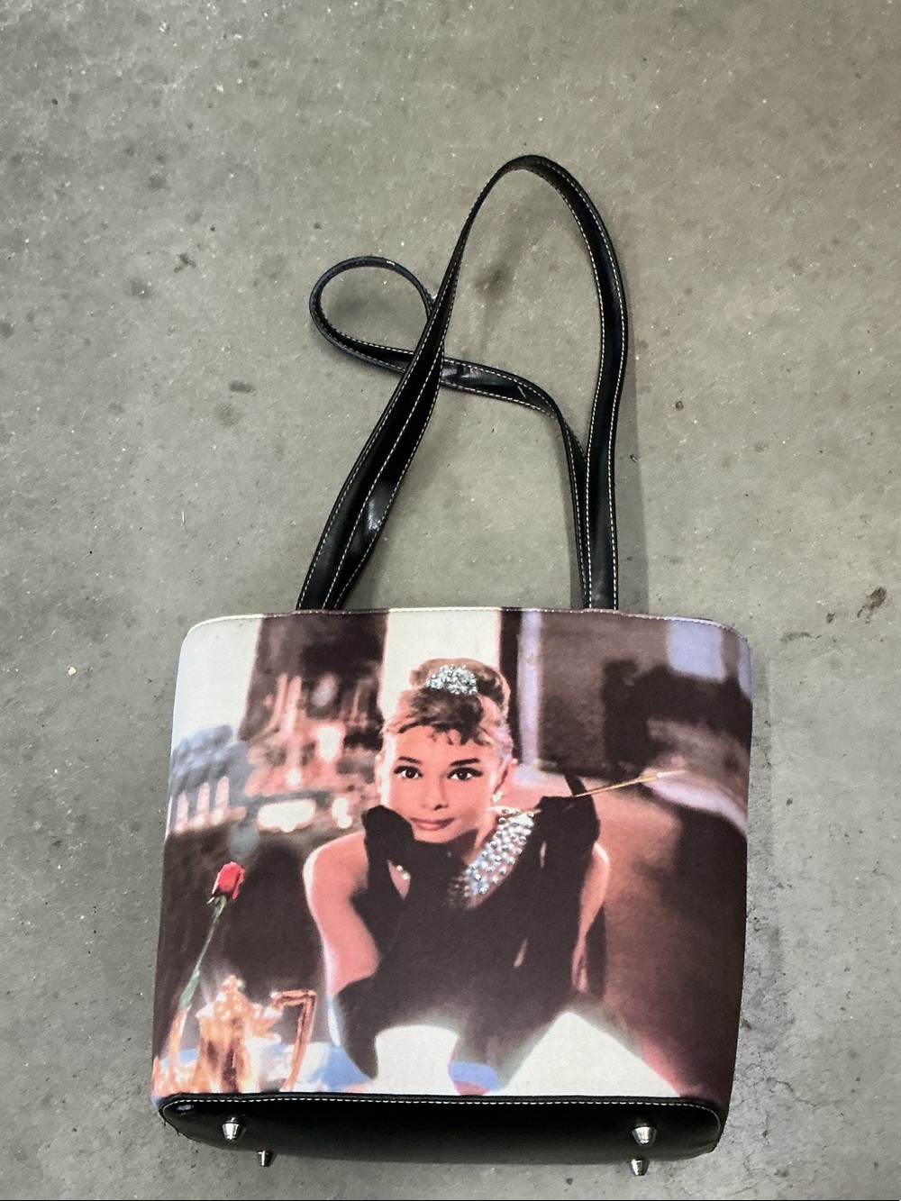 Black Tote with Printed Audrey Hepburn Portrait